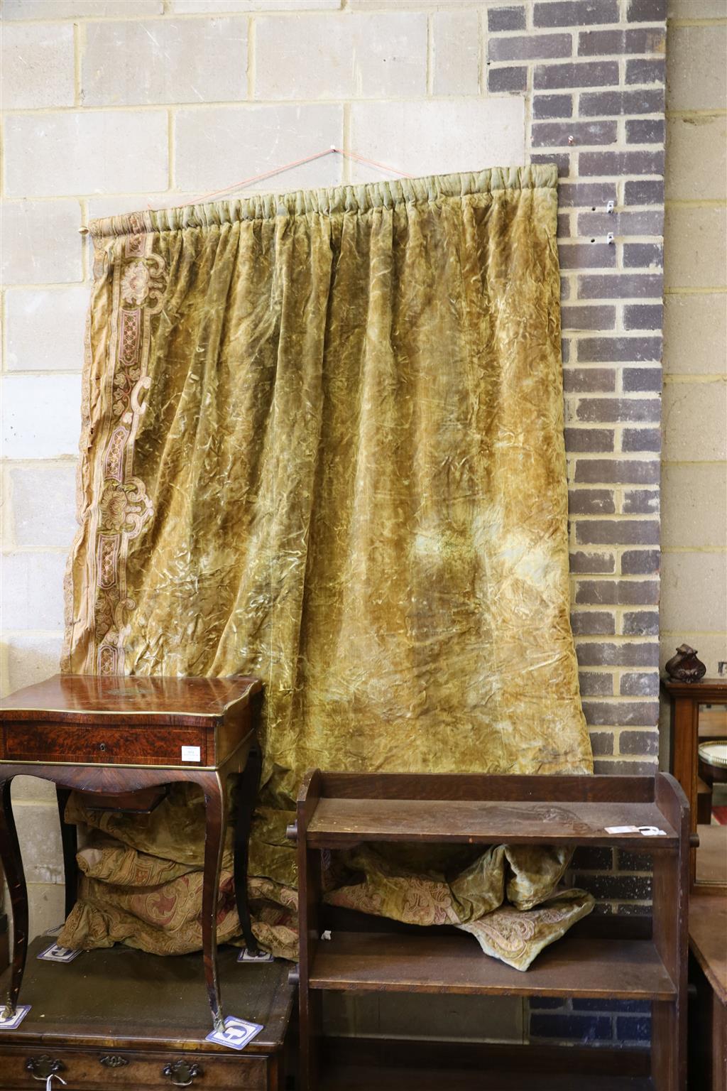 A pair of olive green velvet curtains with brocade border, length 260cm, width 155cm